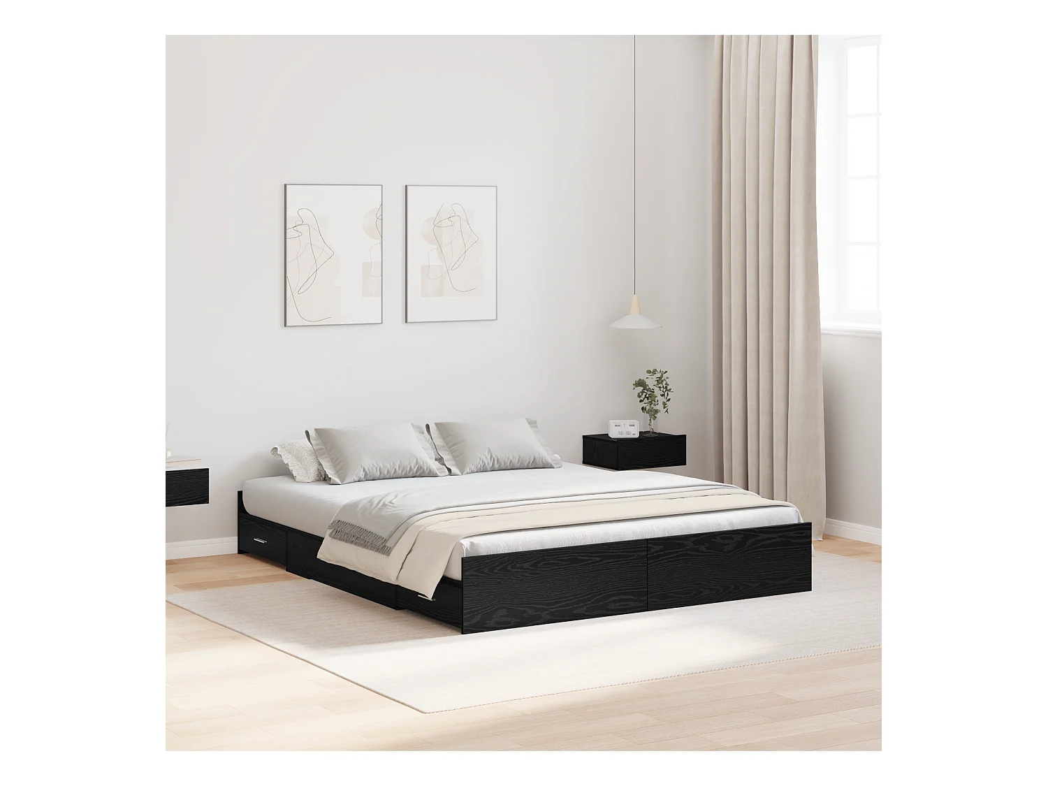 Lit double | Lit adulte | Cadre de lit avec rangement avec tiroir Chêne noir 135x190 cm