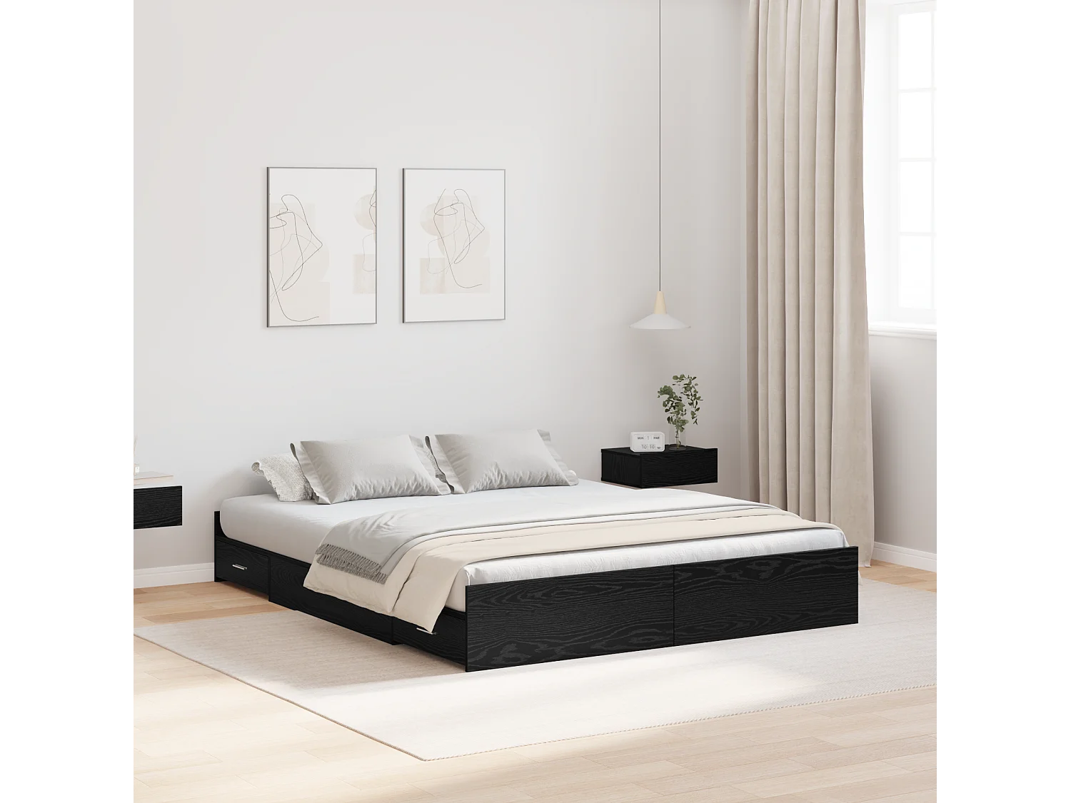 Lit double | Lit adulte | Cadre de lit avec rangement avec tiroir Chêne noir 135x190 cm