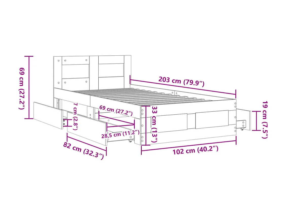 Lit simple | Lit adulte, enfant | Cadre de lit et tête de lit chêne fumé 100x200 cm