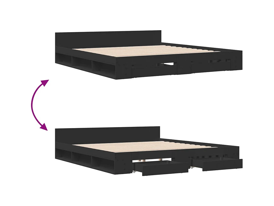 Lit double | Lit adulte | Cadre de lit avec tiroirs noir 180x200 cm