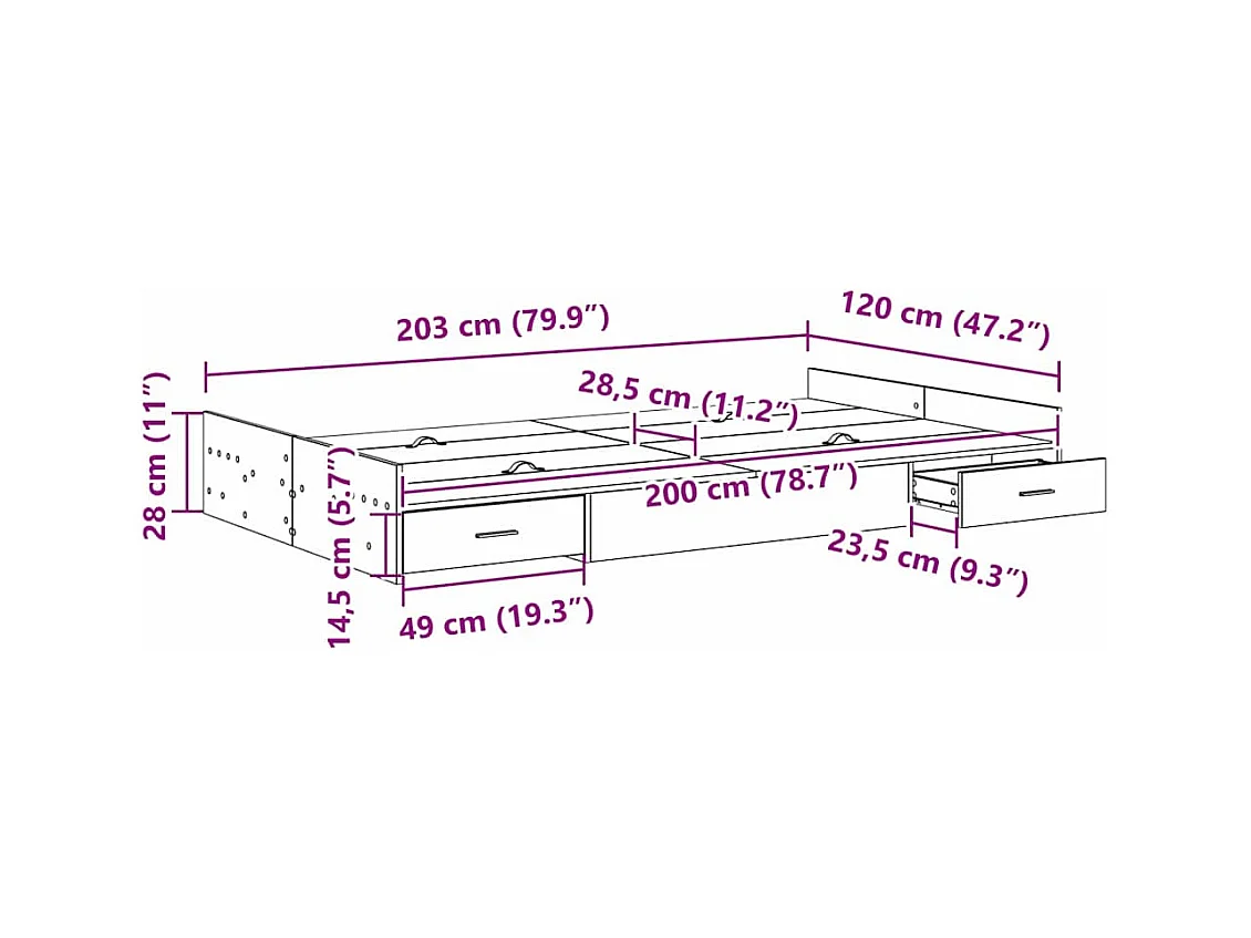 Lit simple | Lit adulte, enfant | Cadre de lit avec rangement Bois ancien 120x200 cm