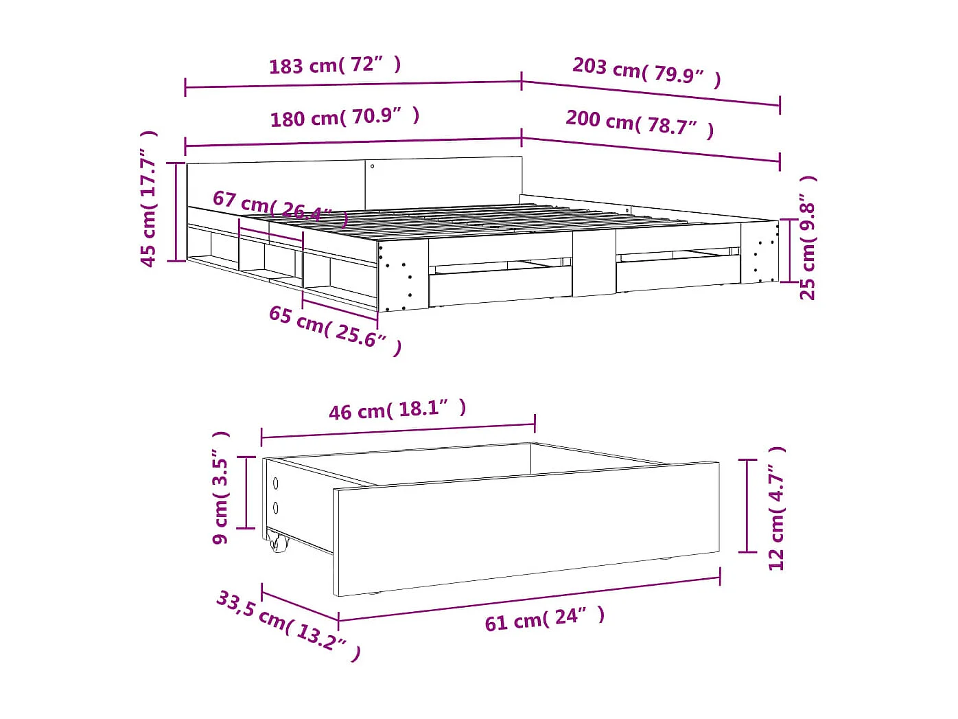 Lit double | Lit adulte | Cadre de lit avec tiroirs sonoma gris 180x200 cm