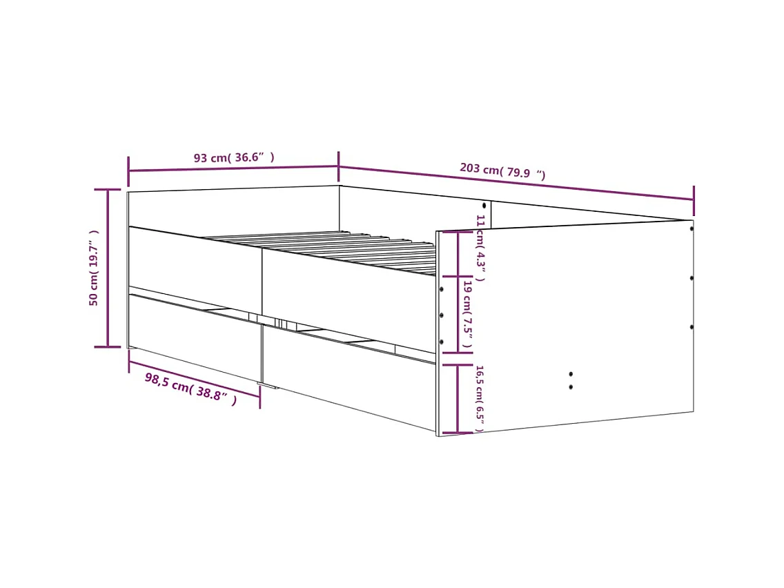 Lit simple | Lit adulte, enfant | Cadre de lit avec tiroirs sonoma gris 90x200 cm