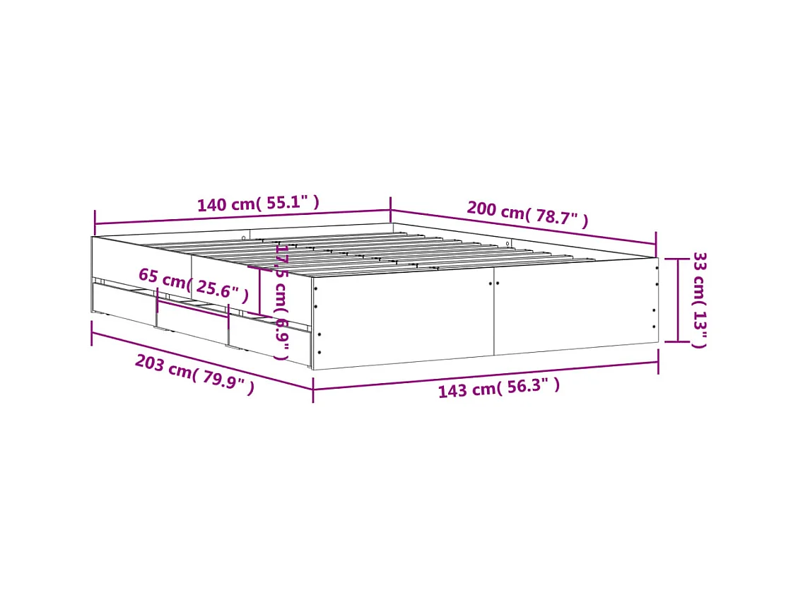 Lit double | Lit adulte | Cadre de lit avec tiroirs sonoma gris 140x200 cm