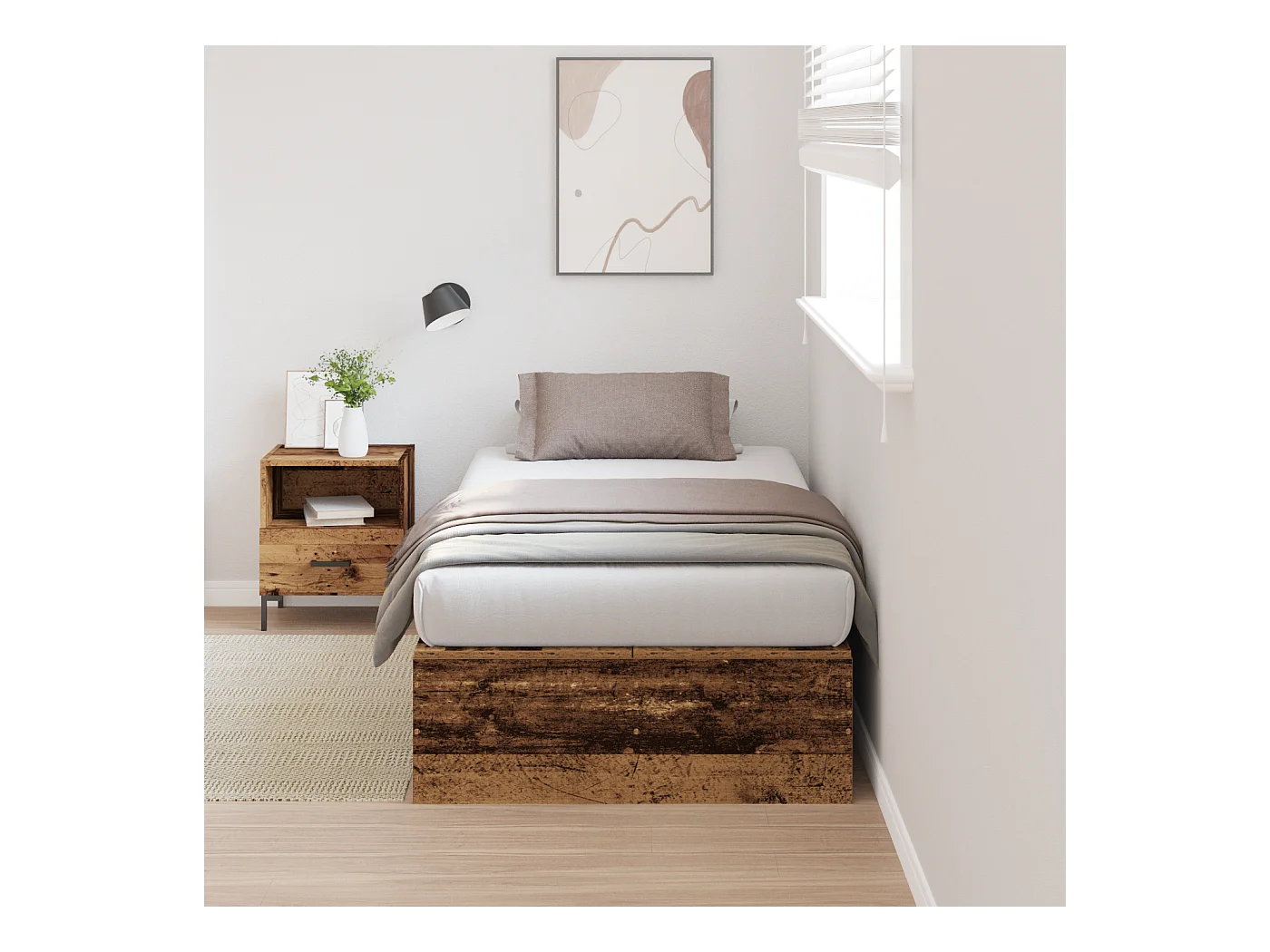 Lit simple | Lit adulte, enfant | Cadre de lit de rangement Bois ancien 90x190 cm en bois d'ingénierie.