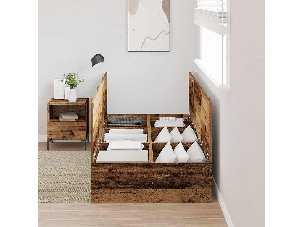 Lit simple | Lit adulte, enfant | Cadre de lit de rangement Bois ancien 90x190 cm en bois d'ingénierie.