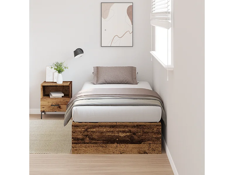 Lit simple | Lit adulte, enfant | Cadre de lit de rangement Bois ancien 90x190 cm en bois d'ingénierie.