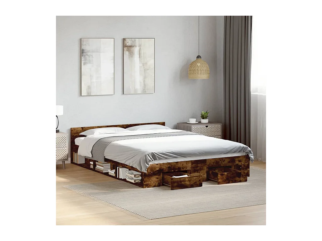 Lit double | Lit adulte | Cadre de lit avec tiroirs chêne fumé 140x190 cm
