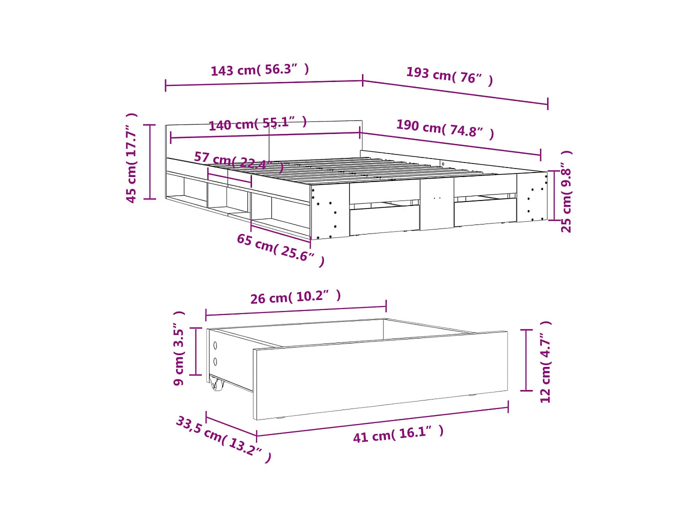 Lit double | Lit adulte | Cadre de lit avec tiroirs chêne fumé 140x190 cm