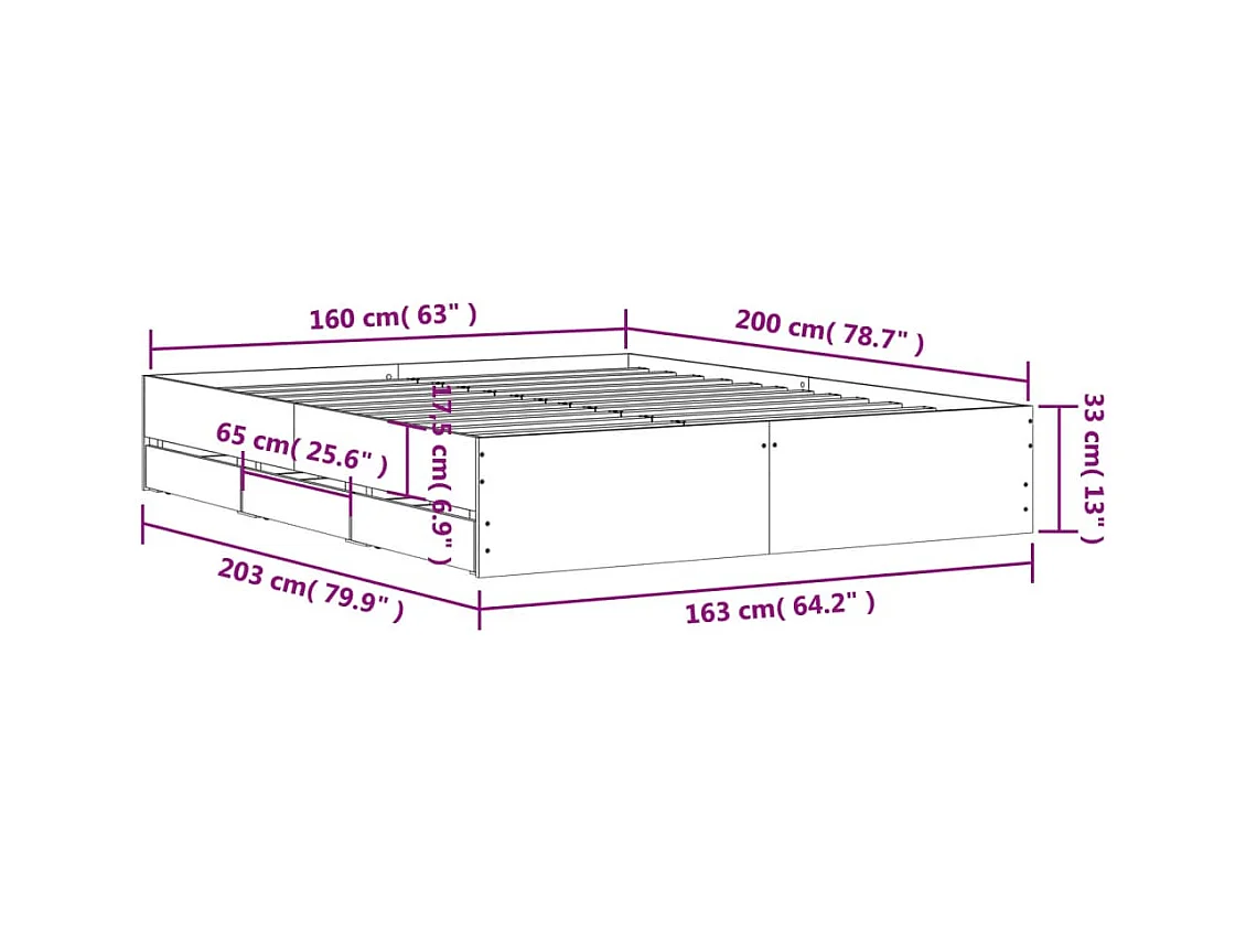 Lit double | Lit adulte | Cadre de lit avec tiroirs gris béton 160x200 cm