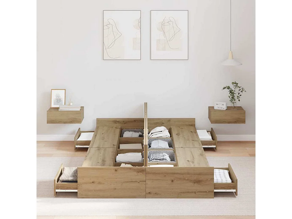 Lit simple | Lit adulte, enfant | Cadre de lit avec rangement chêne artisanal 120x190 cm