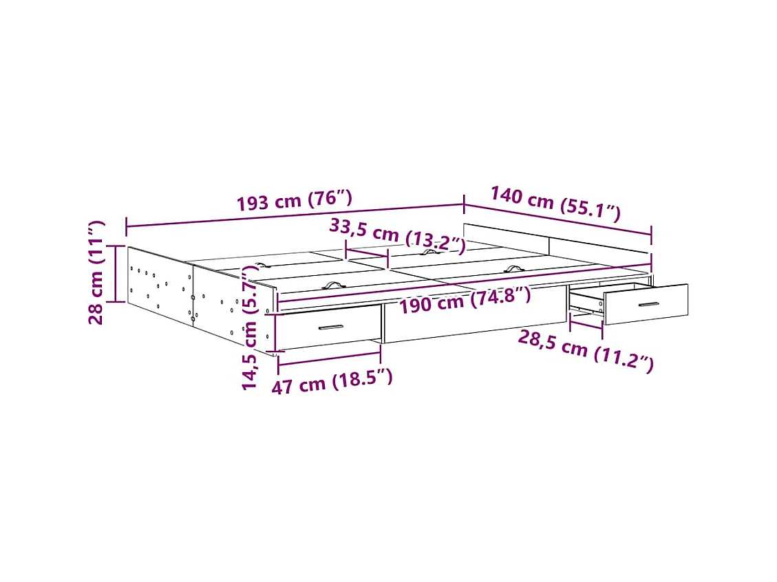 Lit double | Lit adulte | Cadre de lit avec rangement Bois ancien 140x190 cm