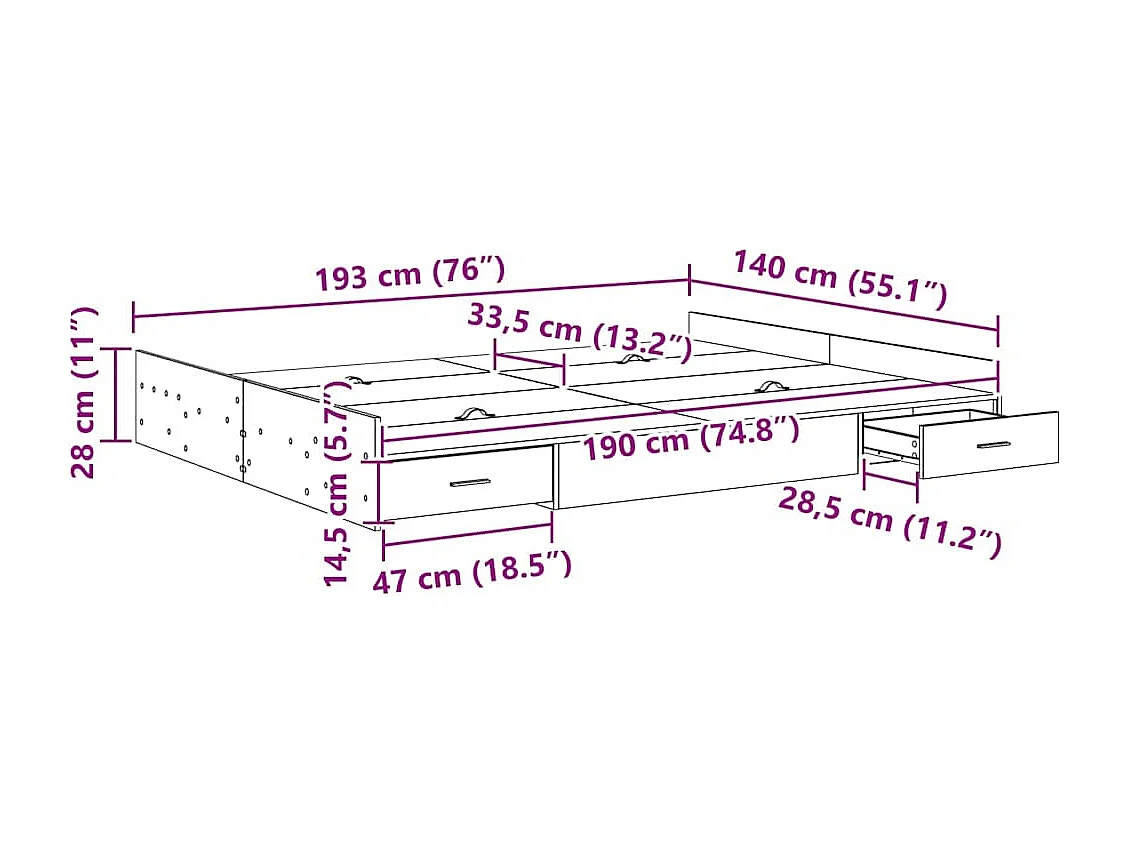 Lit double | Lit adulte | Cadre de lit avec rangement Chêne sonoma 140x190 cm