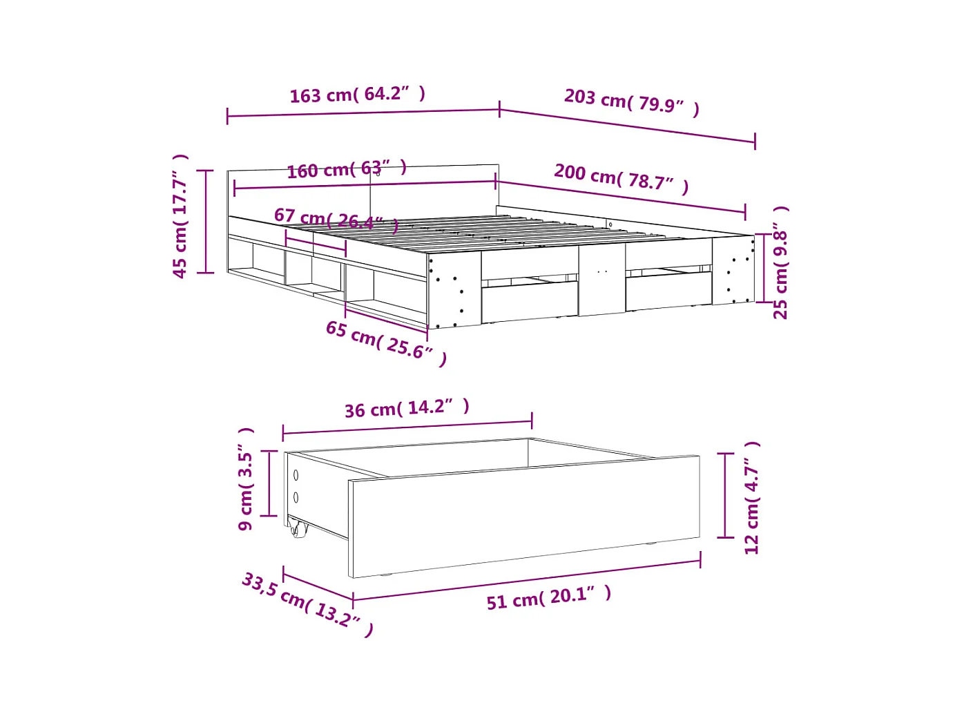 Lit double | Lit adulte | Cadre de lit avec tiroirs sonoma gris 160x200 cm