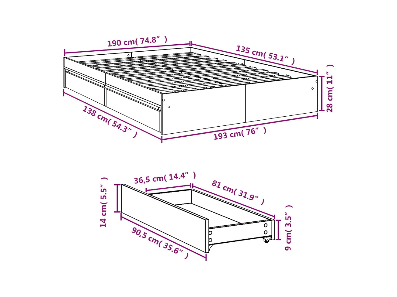 Lit double | Lit adulte | Cadre de lit avec tiroirs sonoma gris 135x190 cm