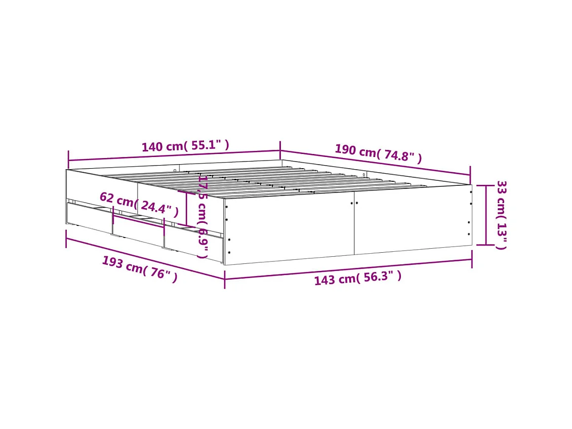 Lit double | Lit adulte | Cadre de lit avec tiroirs blanc 140x190 cm