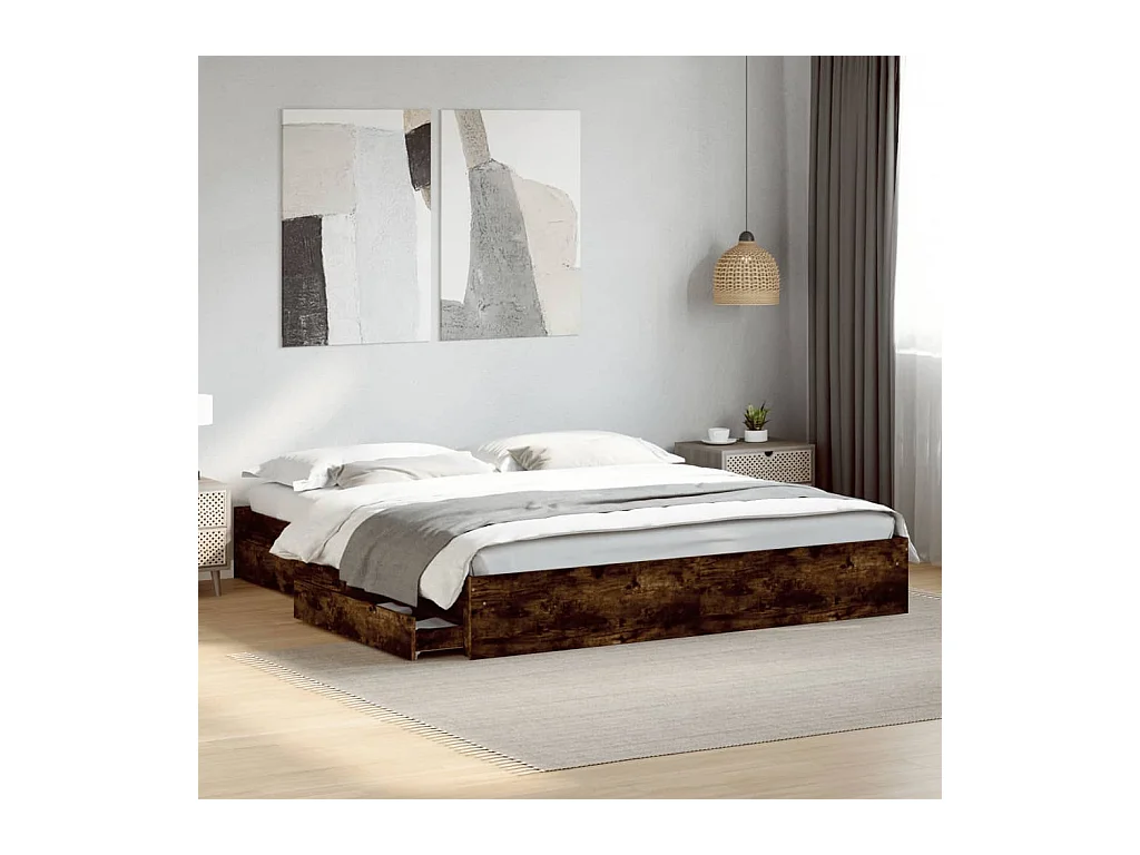Lit double | Lit adulte | Cadre de lit avec tiroirs chêne fumé 200x200 cm