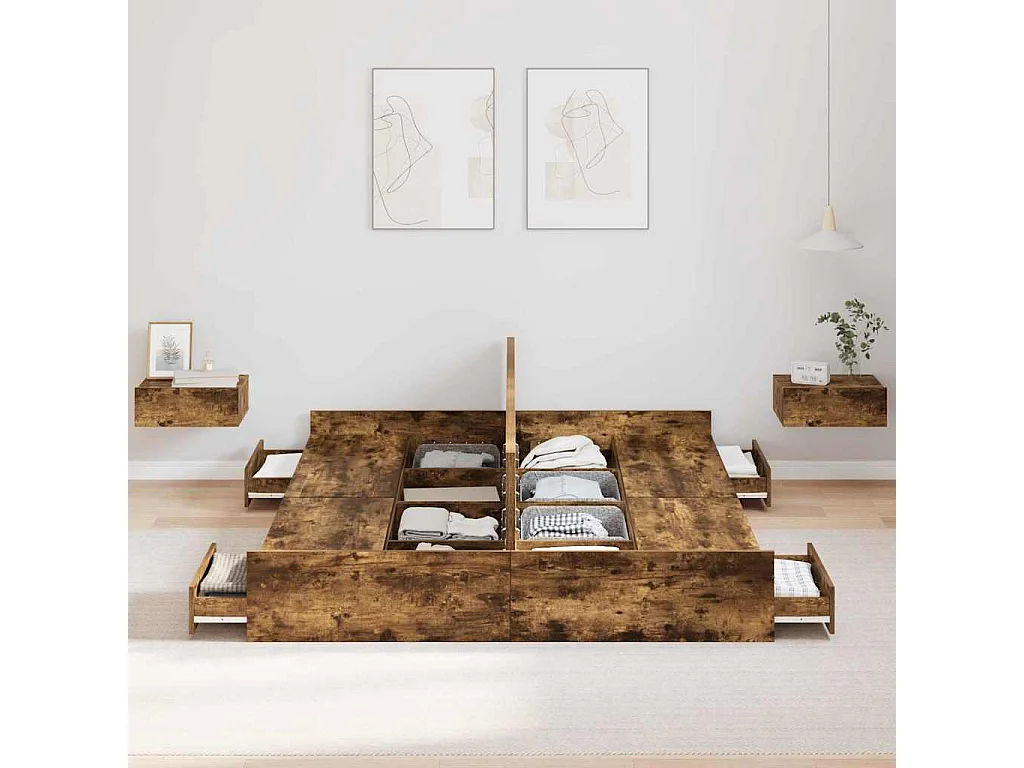 Lit double | Lit adulte | Cadre de lit avec rangement avec tiroir Chêne fumé 140x200 cm