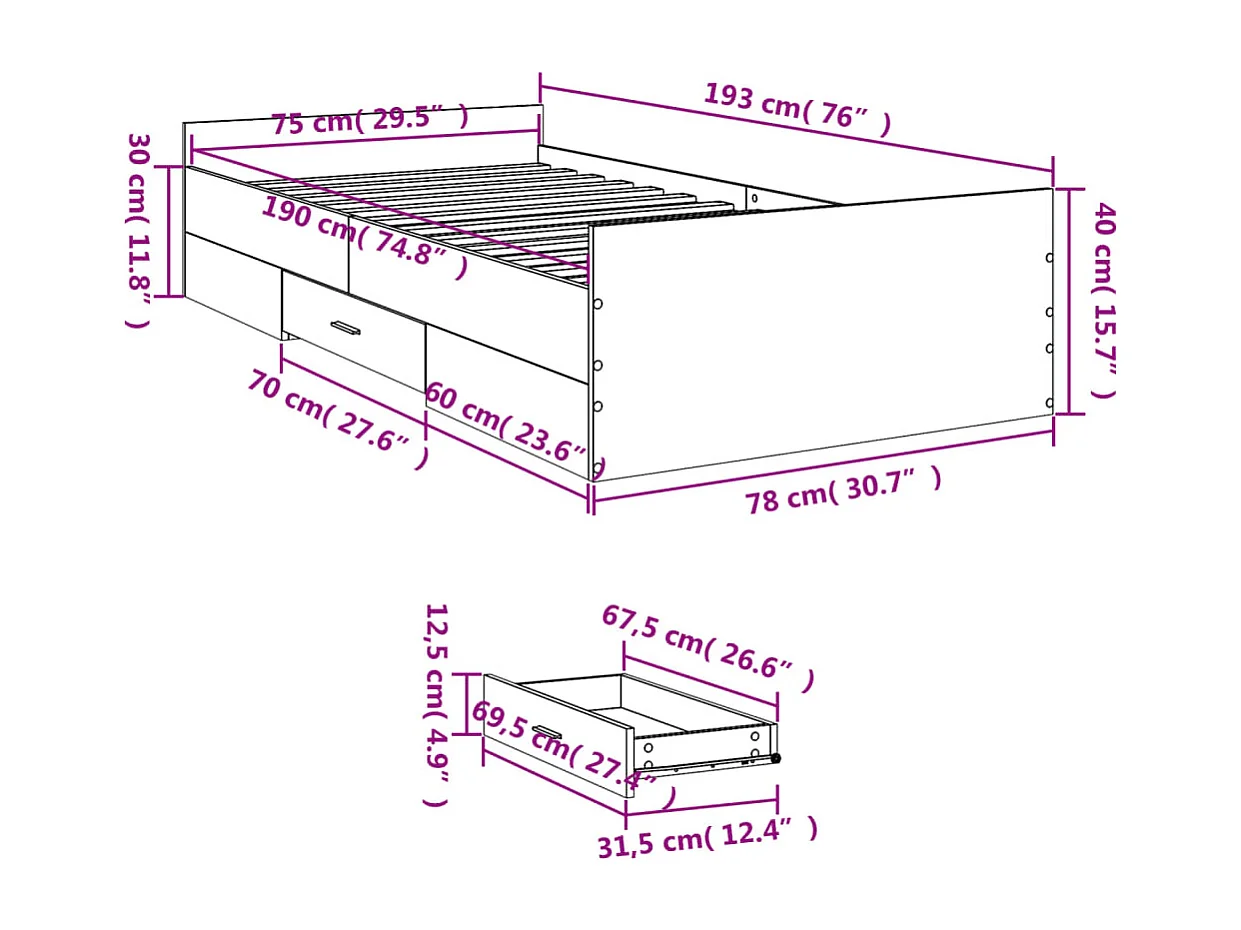 Lit simple | Lit adulte, enfant | Cadre de lit avec tiroirs sonoma gris 75x190 cm