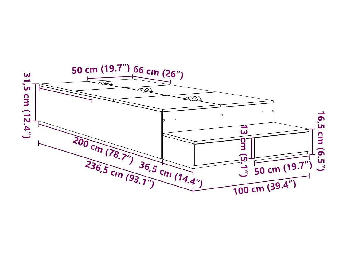 Lit simple | Lit adulte, enfant | Cadre de lit avec rangement Sonoma gris 236.5x100x31.5 cm