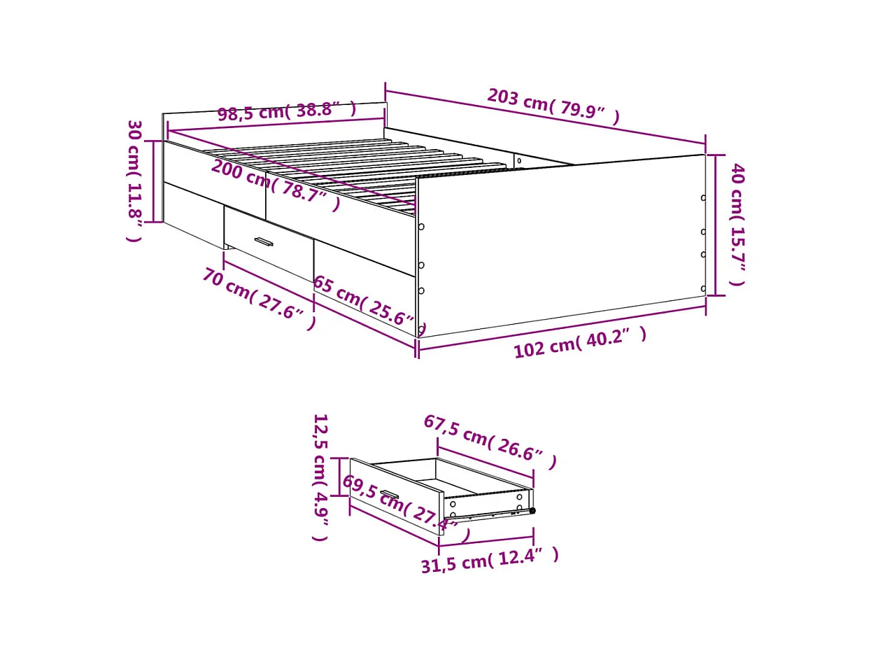Lit simple | Lit adulte, enfant | Cadre de lit avec tiroirs chêne sonoma 100x200 cm