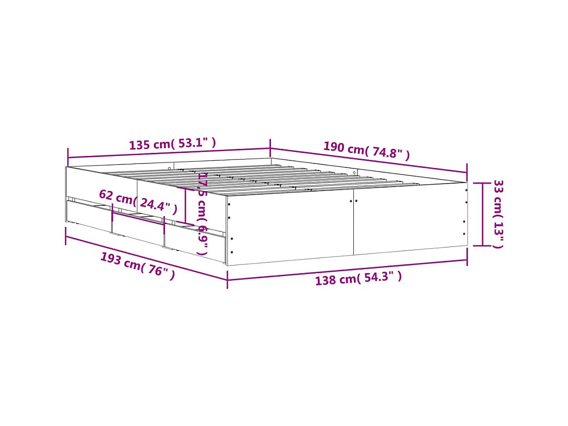 Lit double | Lit adulte | Cadre de lit avec tiroirs chêne marron 135x190 cm
