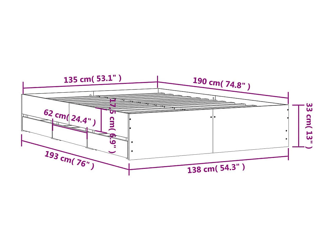 Lit double | Lit adulte | Cadre de lit avec tiroirs chêne marron 135x190 cm