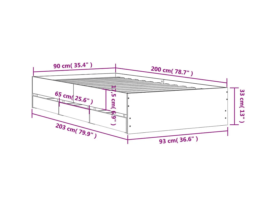 Lit simple | Lit adulte, enfant | Cadre de lit avec tiroirs noir 90x200 cm