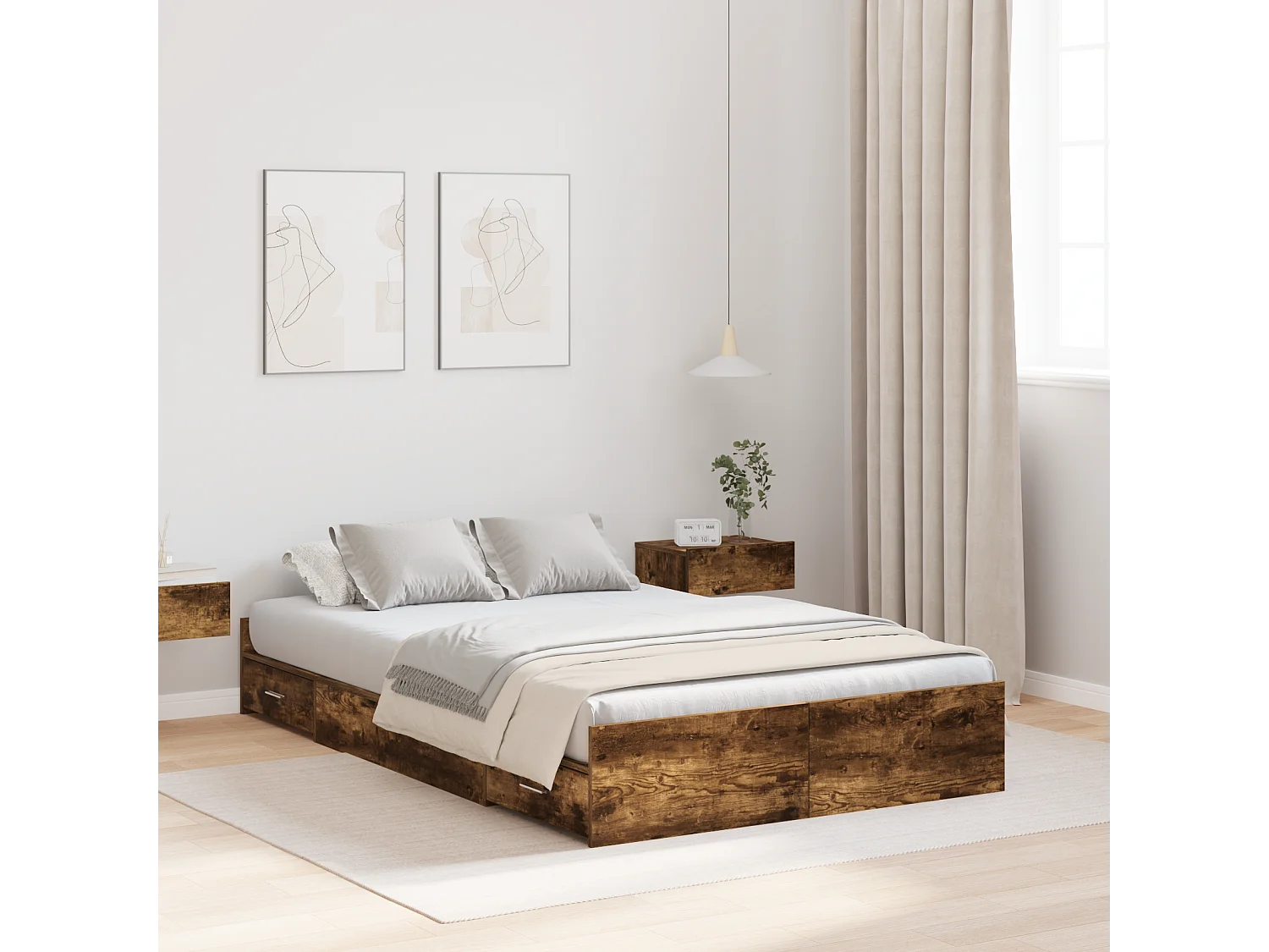 Lit simple | Lit adulte, enfant | Cadre de lit avec rangement avec tiroir Chêne fumé 120x200 cm