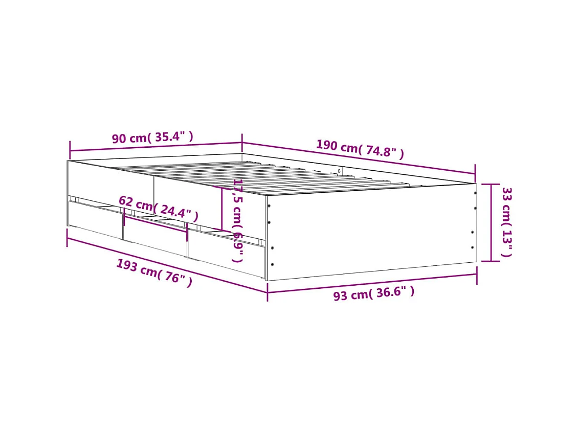 Lit simple | Lit adulte, enfant | Cadre de lit avec tiroirs chêne fumé 90x190 cm