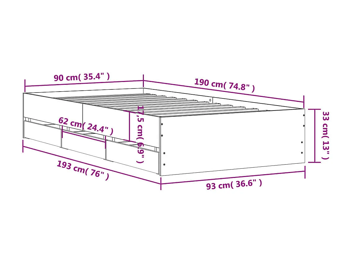 Lit simple | Lit adulte, enfant | Cadre de lit avec tiroirs chêne fumé 90x190 cm