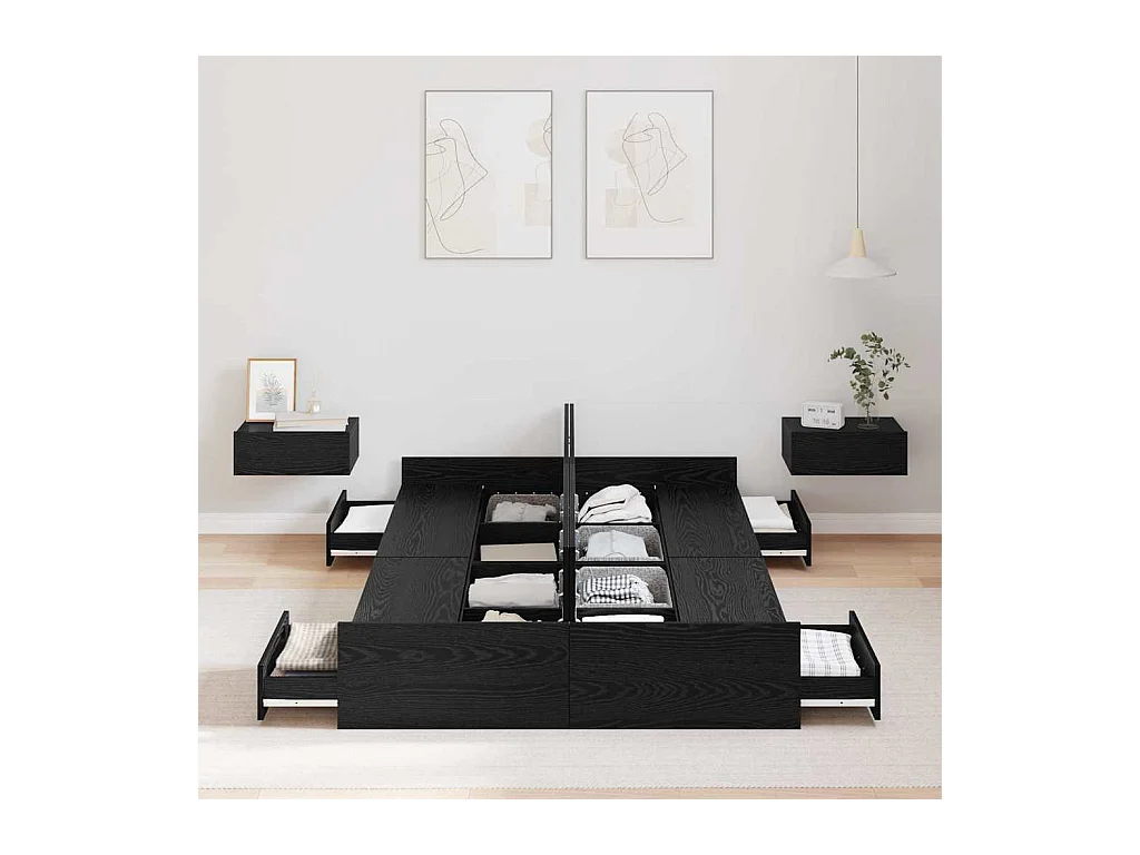 Lit simple | Lit adulte, enfant | Cadre de lit avec rangement avec tiroir Chêne noir 120x190 cm