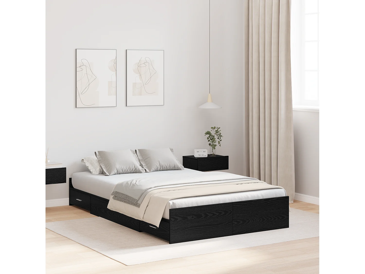 Lit simple | Lit adulte, enfant | Cadre de lit avec rangement avec tiroir Chêne noir 120x190 cm