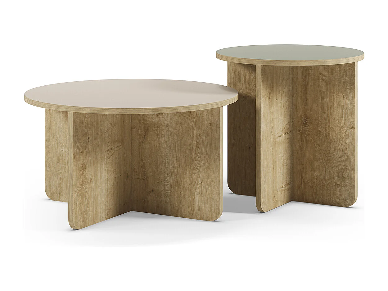 Set de 2 tables basses, tables de salon aspect bois coloris chêne, vert