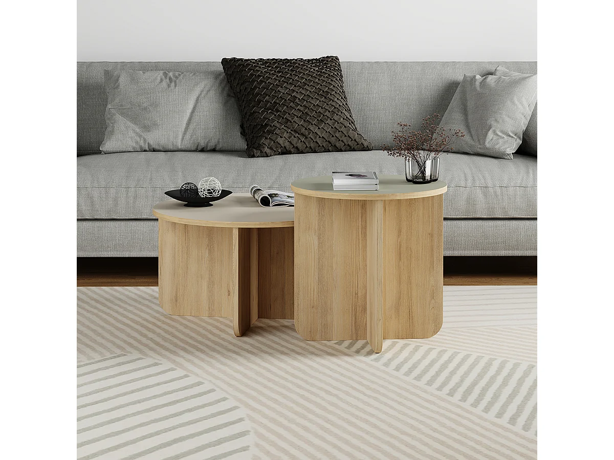 Set de 2 tables basses, tables de salon aspect bois coloris chêne, vert