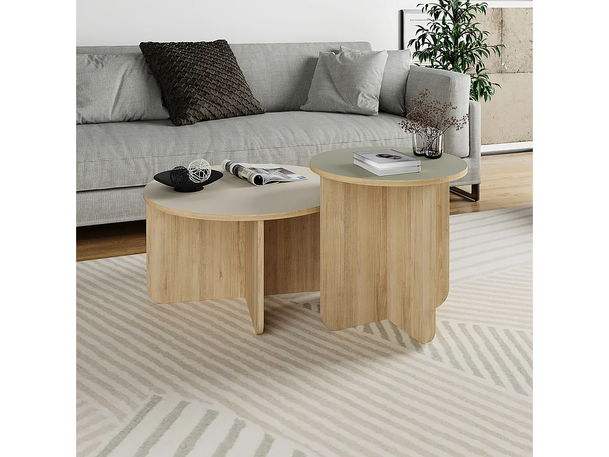 Set de 2 tables basses, tables de salon aspect bois coloris chêne, vert