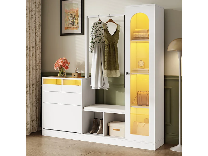 Vitrine 1 glazen deur 6 in 1 - met LED, Spiegel, inklapbare schoenenkast, kaptafel, 2 lades - 163x35x161cm