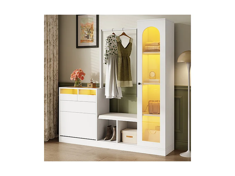 Vitrine 1 portes en verre 6 en 1 - avec LED, Miroir, meuble a chaussures abattants, coiffeuse, 2 tiroirs - 163x35x161cm