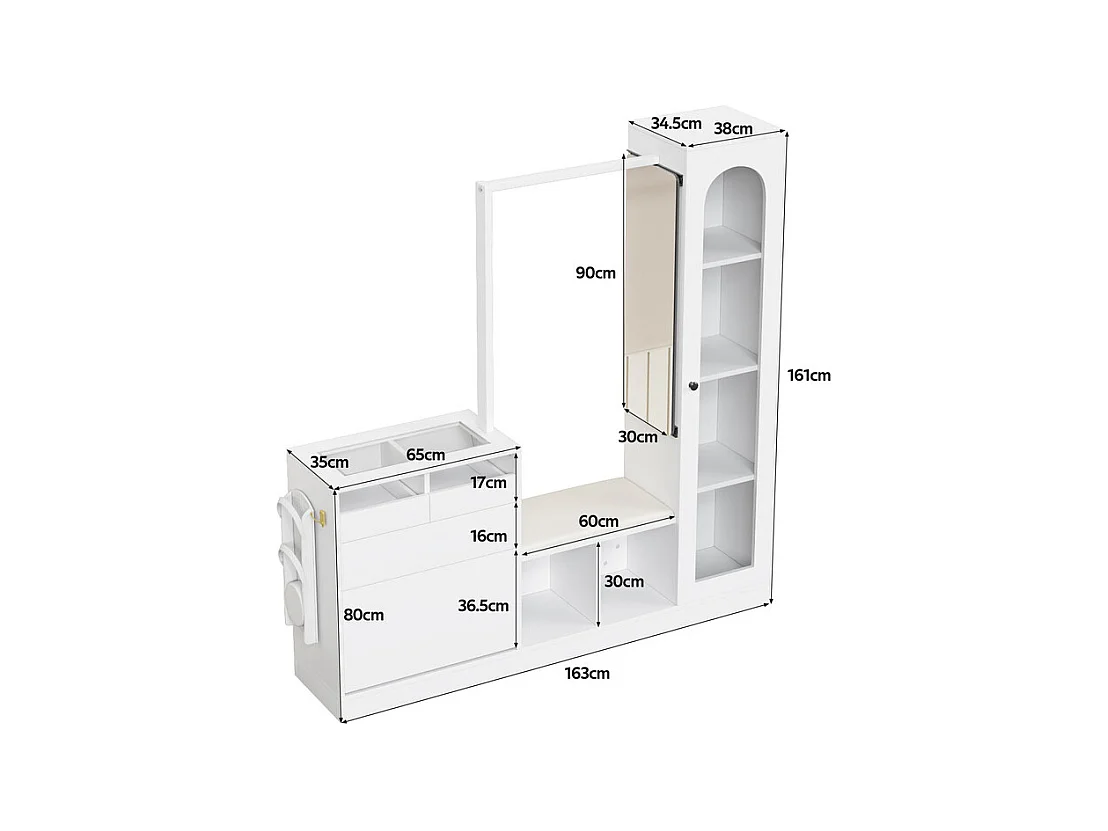 Vitrine 1 portes en verre 6 en 1 - avec LED, Miroir, meuble a chaussures abattants, coiffeuse, 2 tiroirs - 163x35x161cm
