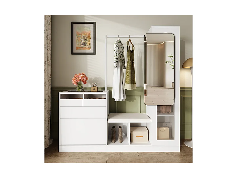 Vitrine 1 portes en verre 6 en 1 - avec LED, Miroir, meuble a chaussures abattants, coiffeuse, 2 tiroirs - 163x35x161cm