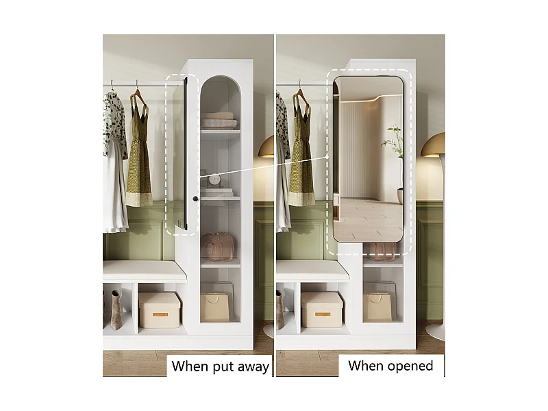 Vitrine 1 portes en verre 6 en 1 - avec LED, Miroir, meuble a chaussures abattants, coiffeuse, 2 tiroirs - 163x35x161cm