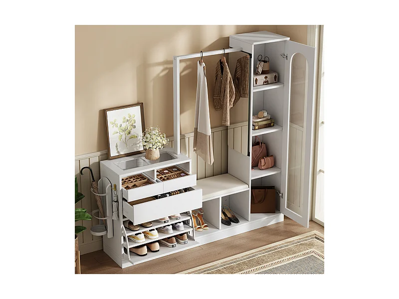 Vitrine 1 portes en verre 6 en 1 - avec LED, Miroir, meuble a chaussures abattants, coiffeuse, 2 tiroirs - 163x35x161cm