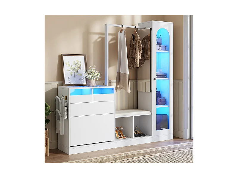 Vitrine 1 portes en verre 6 en 1 - avec LED, Miroir, meuble a chaussures abattants, coiffeuse, 2 tiroirs - 163x35x161cm