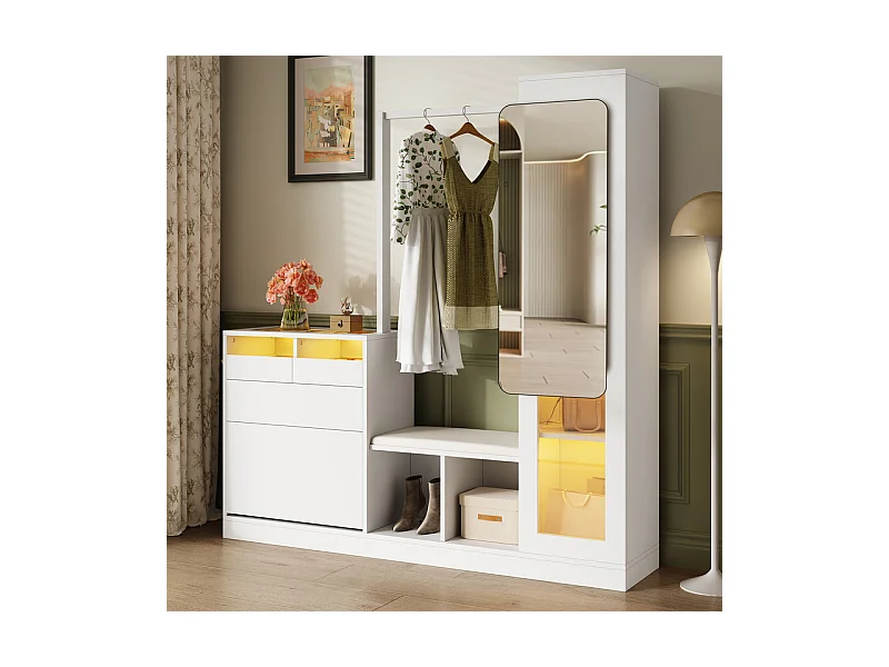 Vitrine 1 portes en verre 6 en 1 - avec LED, Miroir, meuble a chaussures abattants, coiffeuse, 2 tiroirs - 163x35x161cm