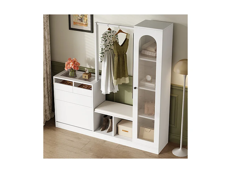 Vitrine 1 portes en verre 6 en 1 - avec LED, Miroir, meuble a chaussures abattants, coiffeuse, 2 tiroirs - 163x35x161cm