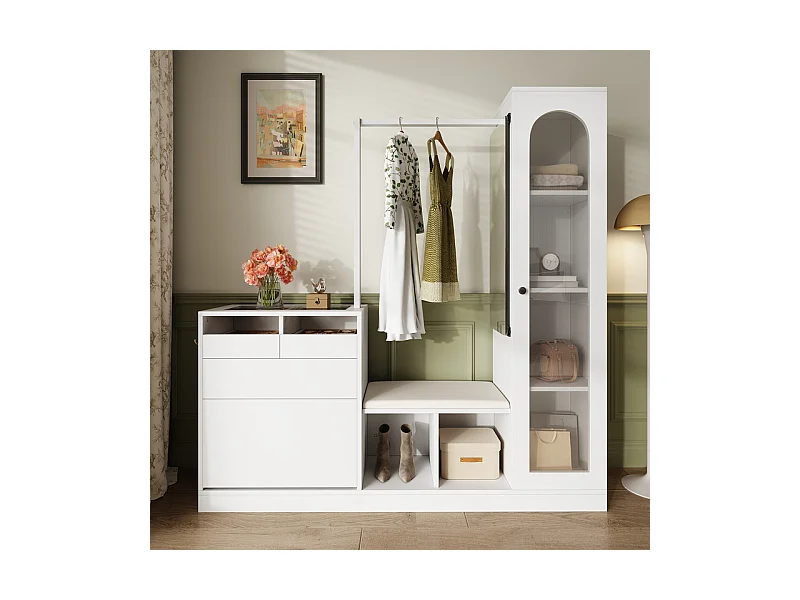 Vitrine 1 portes en verre 6 en 1 - avec LED, Miroir, meuble a chaussures abattants, coiffeuse, 2 tiroirs - 163x35x161cm