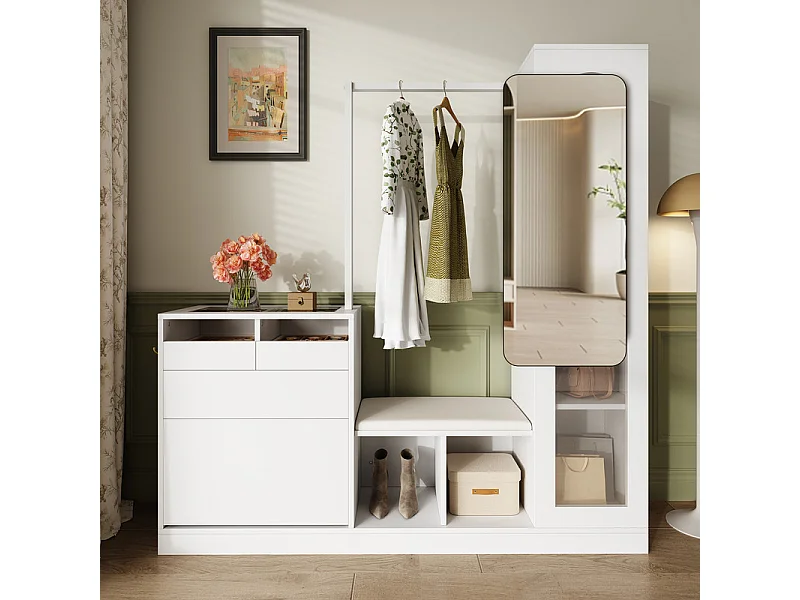 Vitrine 1 portes en verre 6 en 1 - avec LED, Miroir, meuble a chaussures abattants, coiffeuse, 2 tiroirs - 163x35x161cm