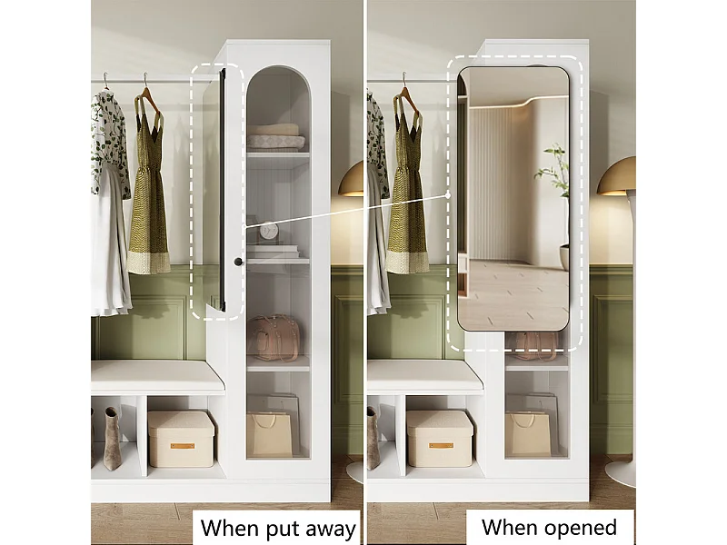 Vitrine 1 portes en verre 6 en 1 - avec LED, Miroir, meuble a chaussures abattants, coiffeuse, 2 tiroirs - 163x35x161cm