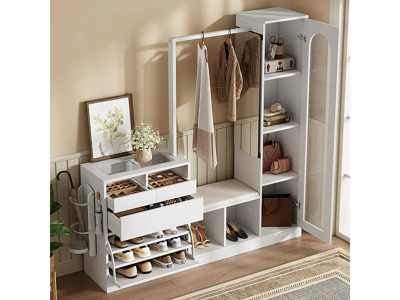 Vitrine 1 portes en verre 6 en 1 - avec LED, Miroir, meuble a chaussures abattants, coiffeuse, 2 tiroirs - 163x35x161cm