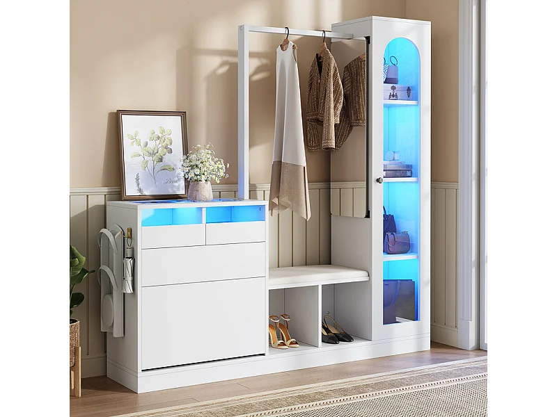 Vitrine 1 portes en verre 6 en 1 - avec LED, Miroir, meuble a chaussures abattants, coiffeuse, 2 tiroirs - 163x35x161cm